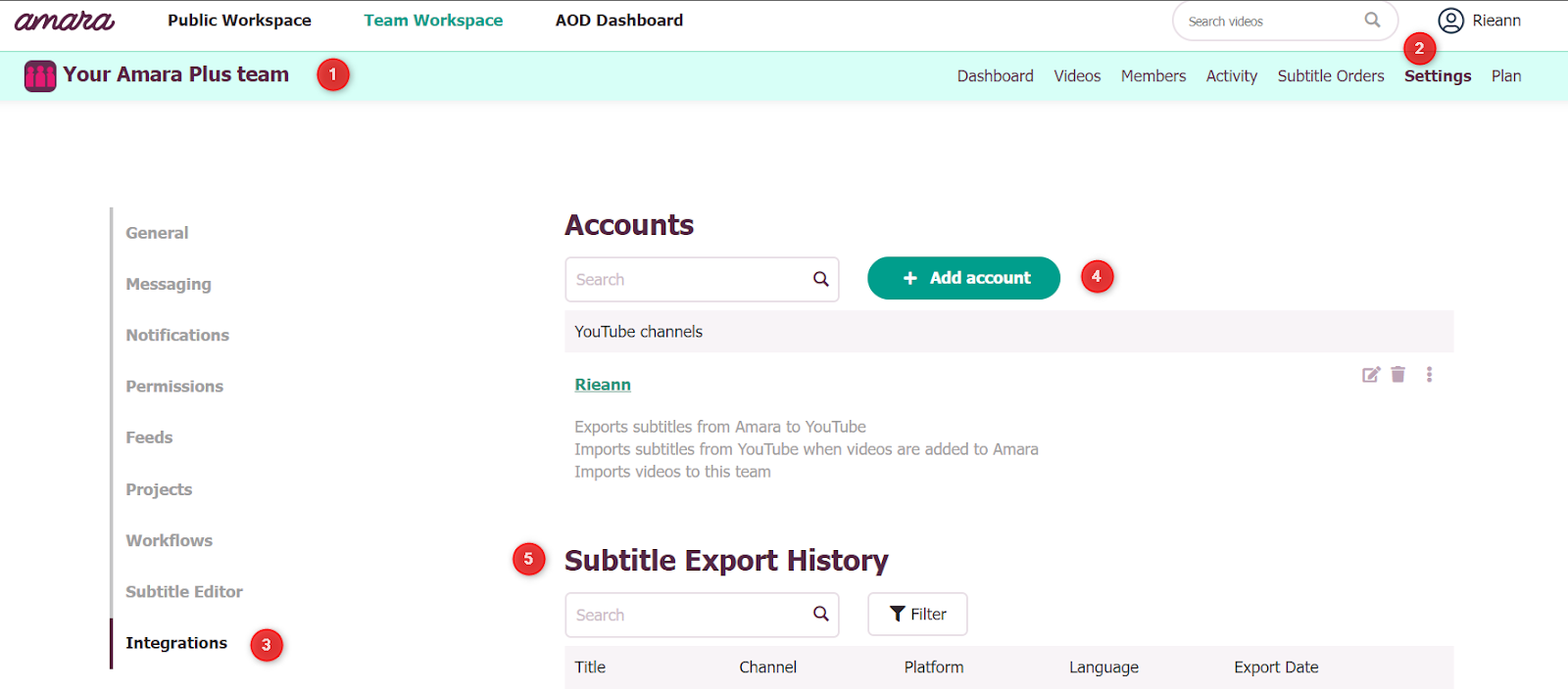 Settings page with account management options for integration setup.