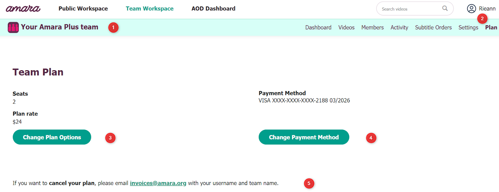 Screenshot of the Amara Plus plan page with options to update payment method or change the number of users on the team.
