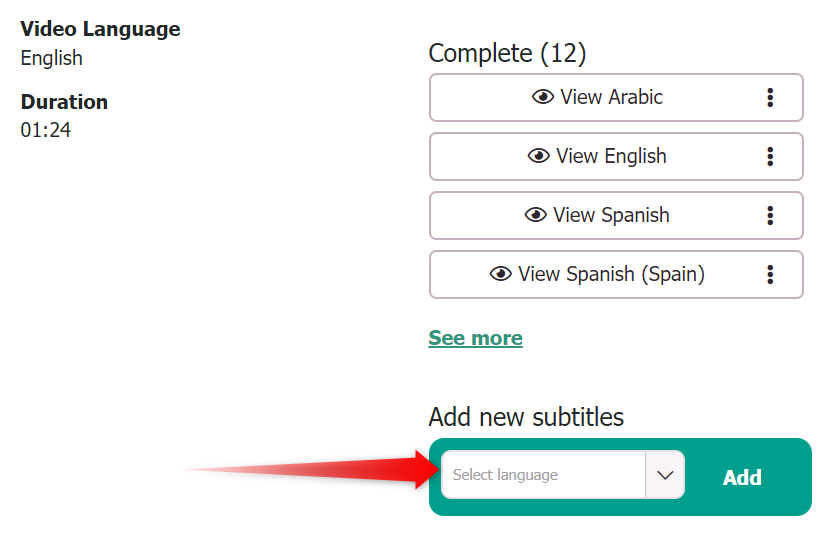 Screenshot of Select a language dropdown on Add subtitles window of the video page.