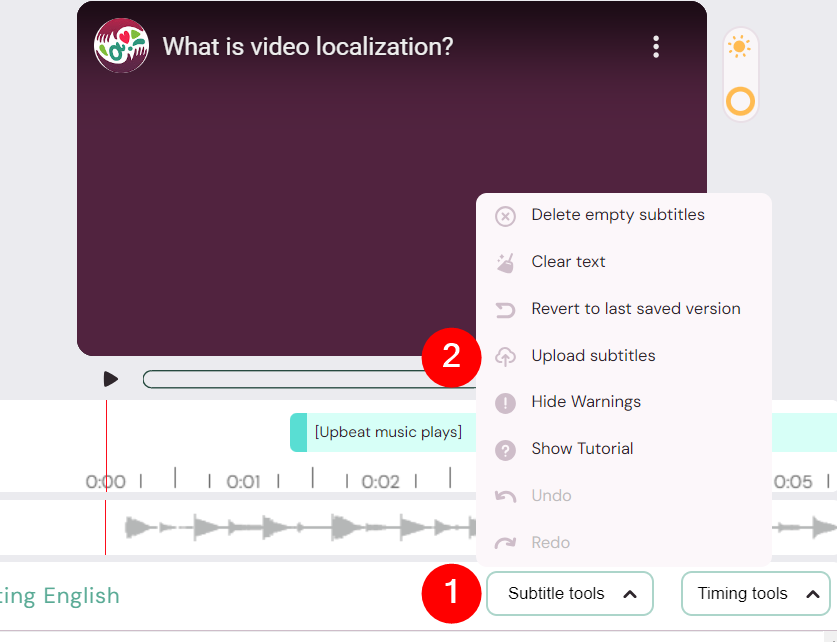 Screenshot of subtitle tools and Upload subtitles inside the Amara editor