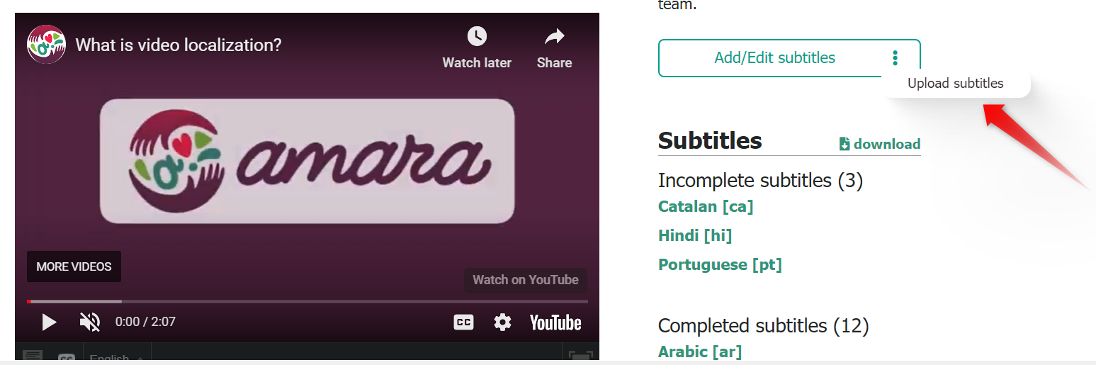 Screenshot of the Upload subtitles option under the three-dot menu on a video page on Amara.
