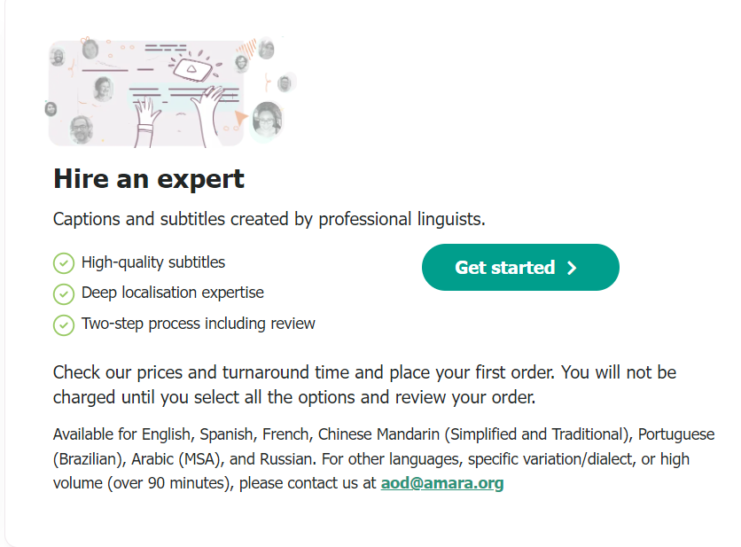 Hire an expert section for submitting an order request to Amara On Demand professional subtitling services.