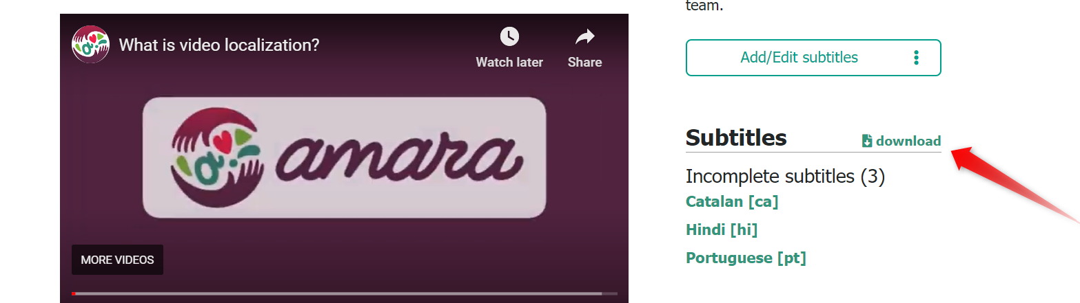 Screenshot of Amara video page with the link to select the language and file type for download.