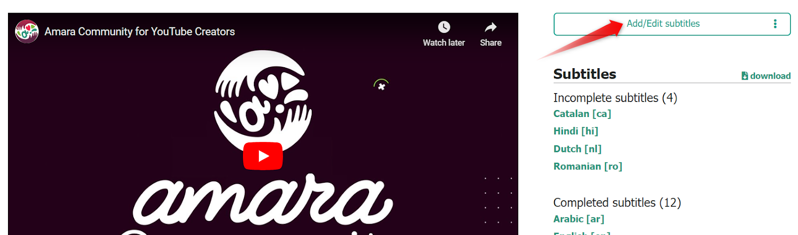 Add/Edit subtitles link on the video page on Amara