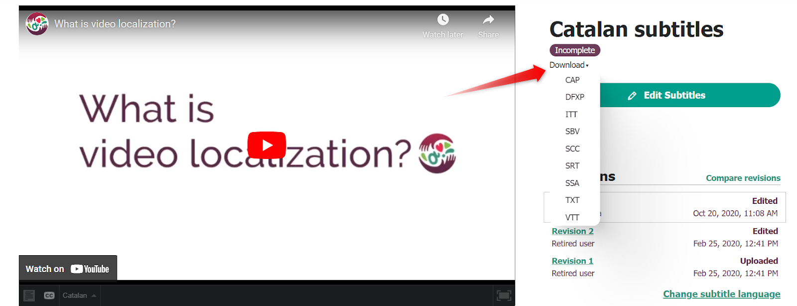 Screenshot of how to select download under the language page header to select file types to download.