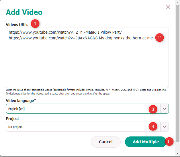 Add Video options when adding multiple URLs.