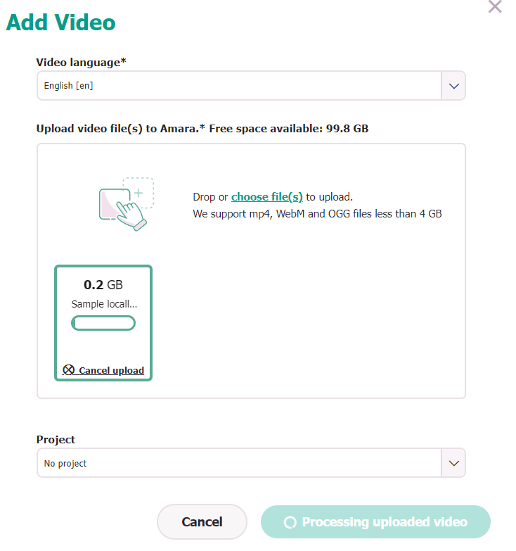 Window that appears after you've added video files from your local drive, showing a button that says Processing uploaded video.