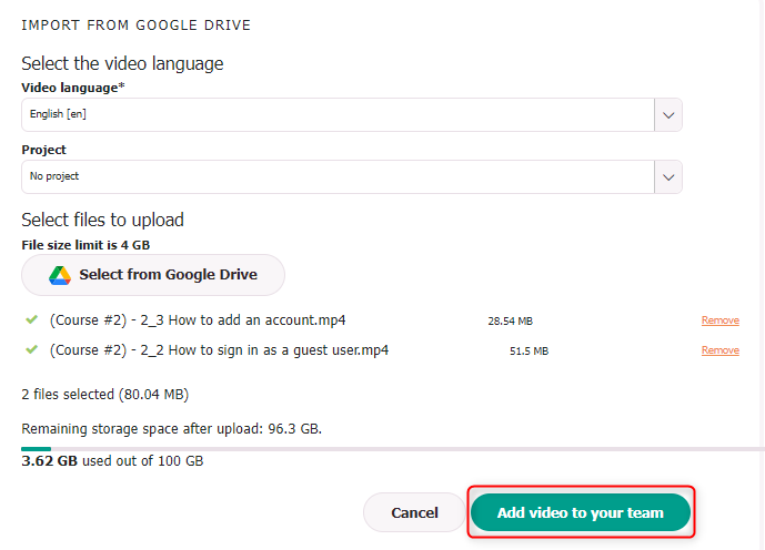 Window that appears after you've added video files from your Google drive, highlighting the Add to video listing option.