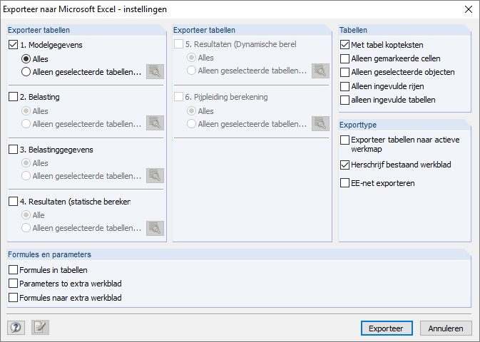 Dialoogvenster exporteer gegevens vanuit RFEM microsoft excel