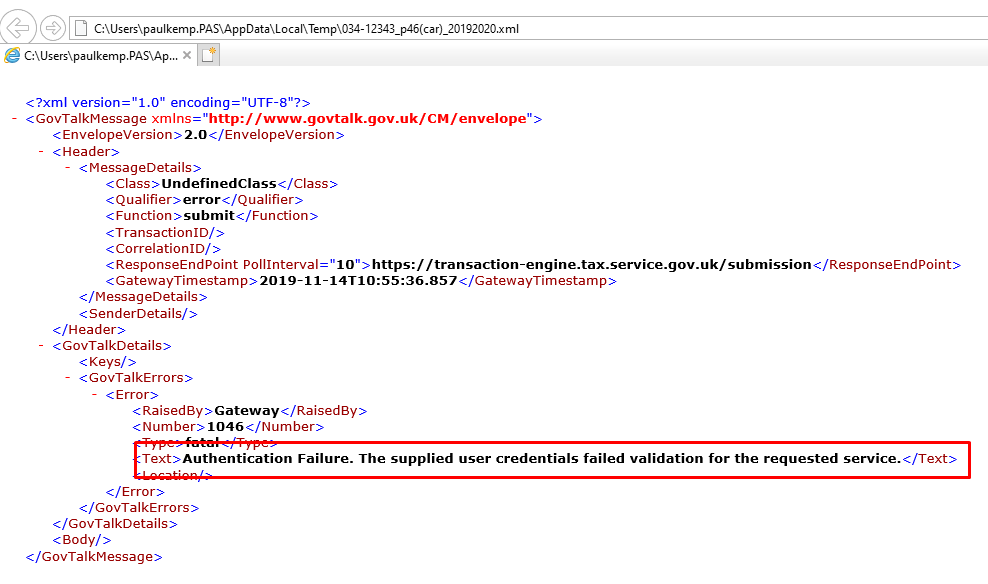 What does "Authentication error check Gateway Sender ID and or Gateway