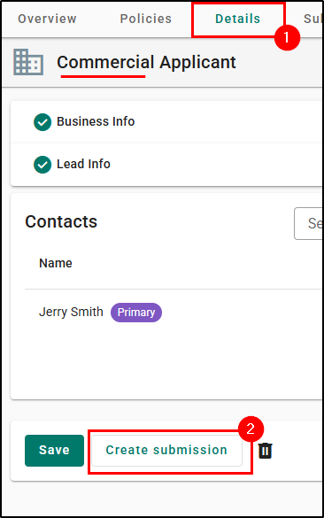 Applicant Details for a Commercial Applicant > Create Submissions