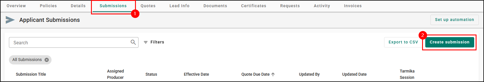 Applicant Submissions > Create submission