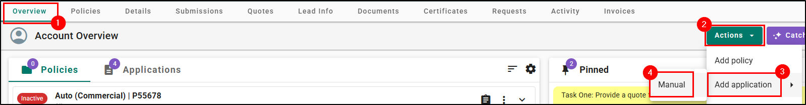 Applicant Overview > Actions > Add application > Manual