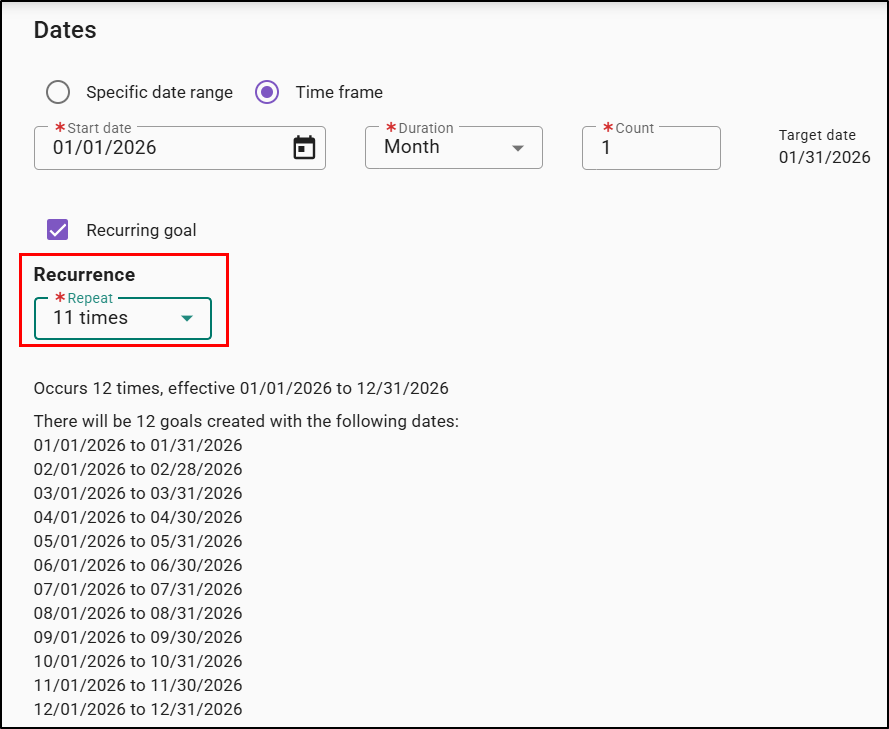 showing the goals that will be created