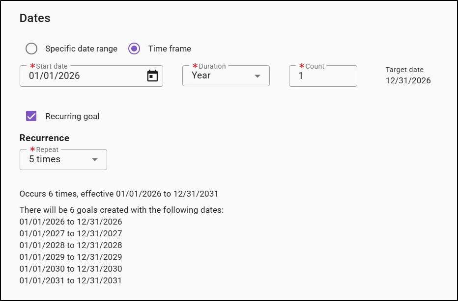 showing the goals that will be created