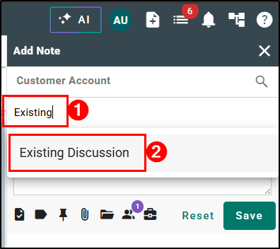 Type into the 'Search Discussions by Title' or 'Discussion Title' field to search for an existing Discussion and choose an option from the list.