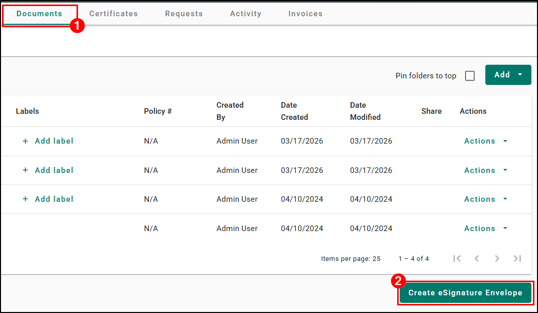 Access eSignature via customer's Documents tab and click Create eSignature Envelope.
