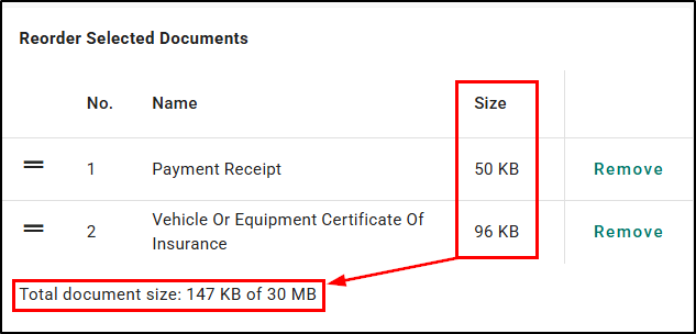 An envelope cannot exceed 30 MB. You can check the size of the documents in the Size column.