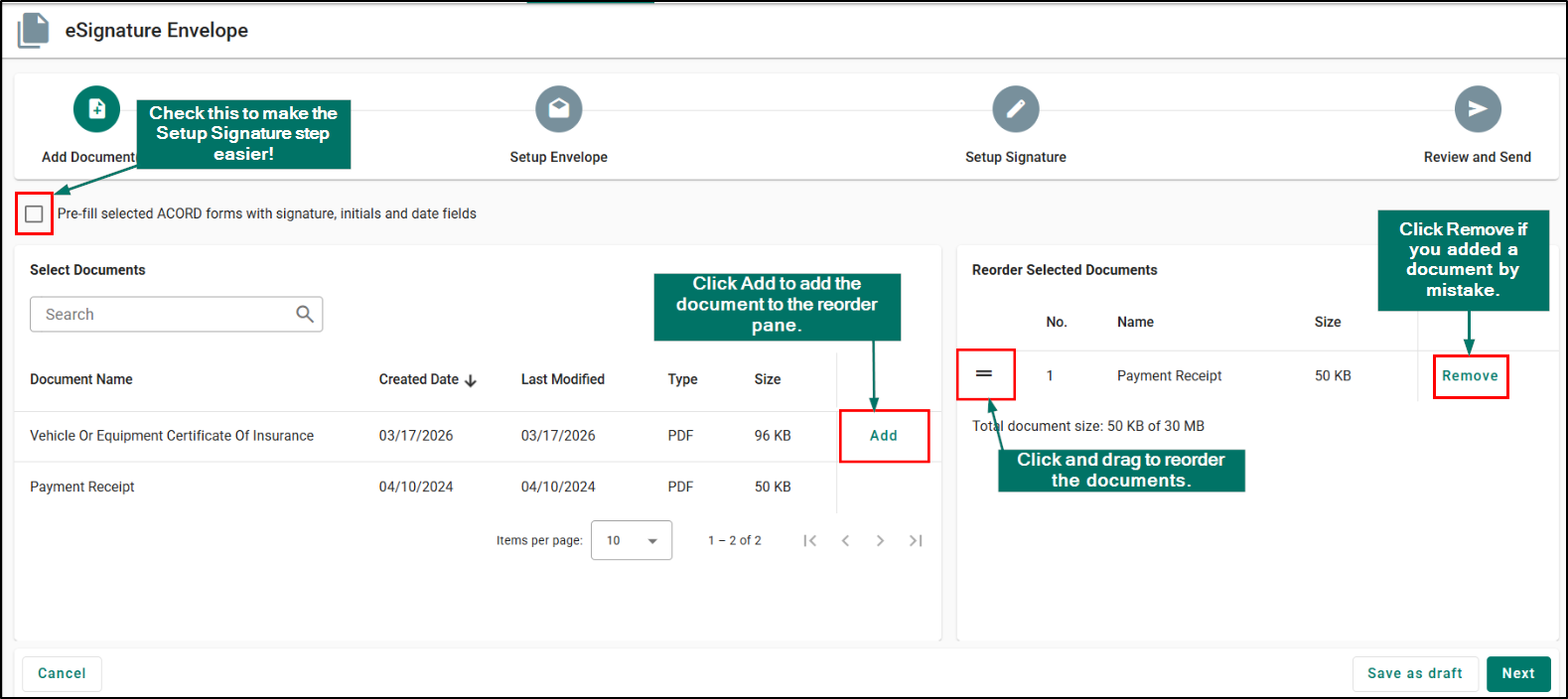 Add documents to the Reorder Selected Documents pane.