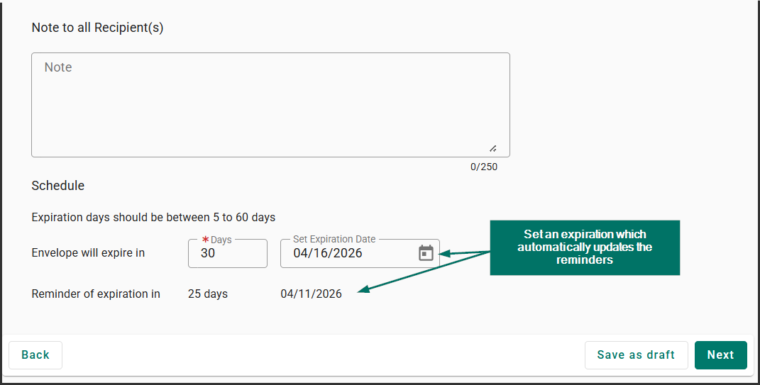 Add recipients, reorder them, and schedule the envelope expiration date.