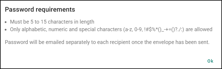 The envelope password must be 5-15 characters long and can have letters, numbers, and special characters.