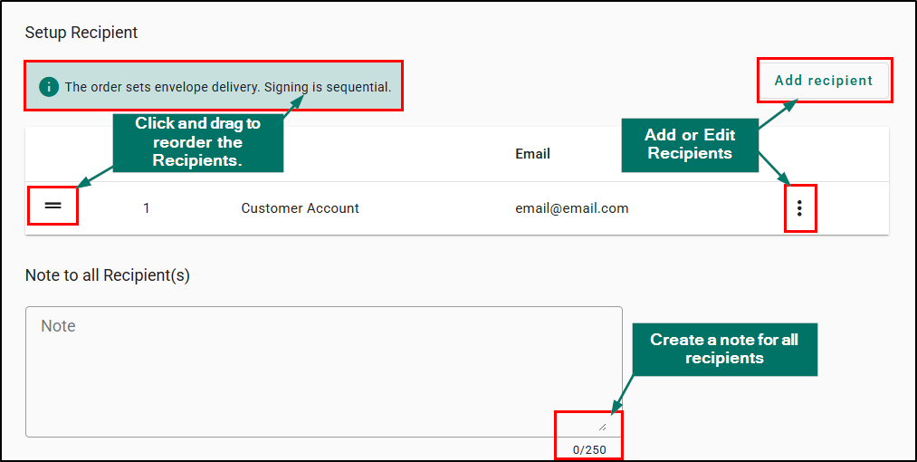 Add recipients, click and drag to reorder them, and add a note for all of them to see.
