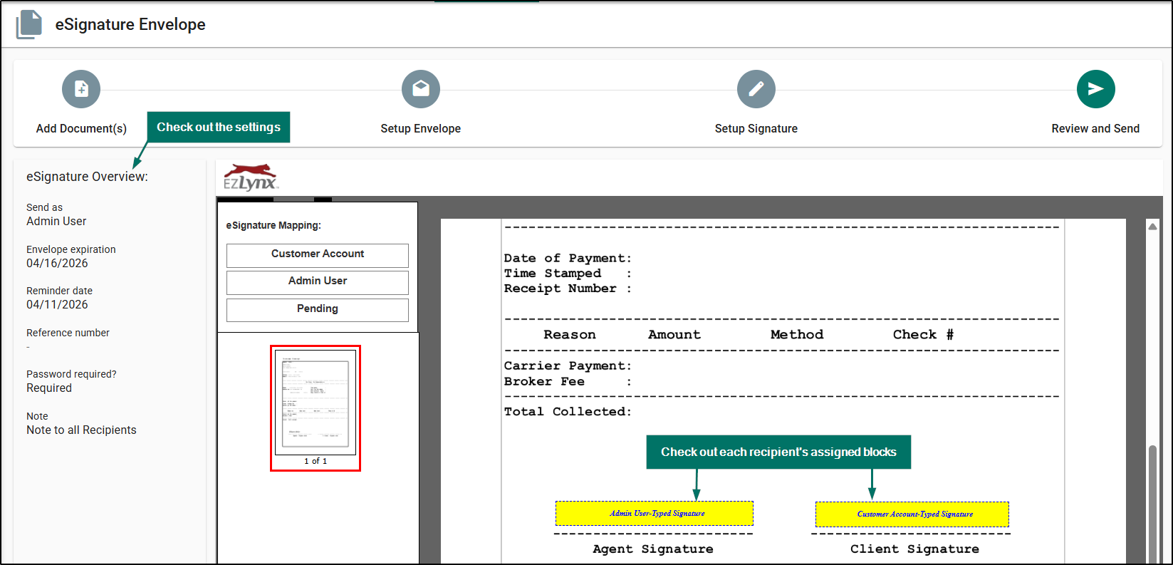 Review a summary of all the envelope settings and see a full preview of the document with the placed signer blocks.