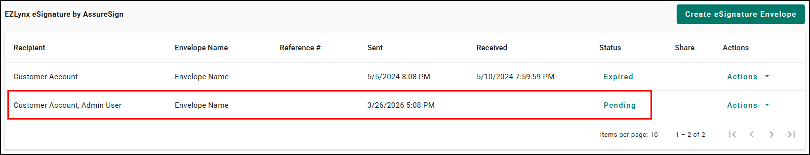 Once sent, you'll see the envelope on the Documents tab with the status of Pending.