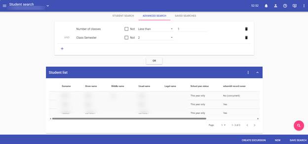 The image shows a student search interface with fields for surname, given name, middle name, usual name, and school year status, along with options to filter by semester and status.

AI-generated content may be incorrect.