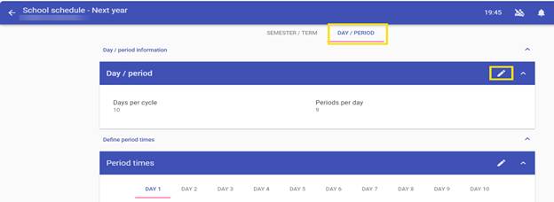 The image displays a digital school schedule for the upcoming semester, showing daily periods from Day 1 to Day 10, with 9 periods per day and a total of 10 days.
AI-generated content may be incorrect.