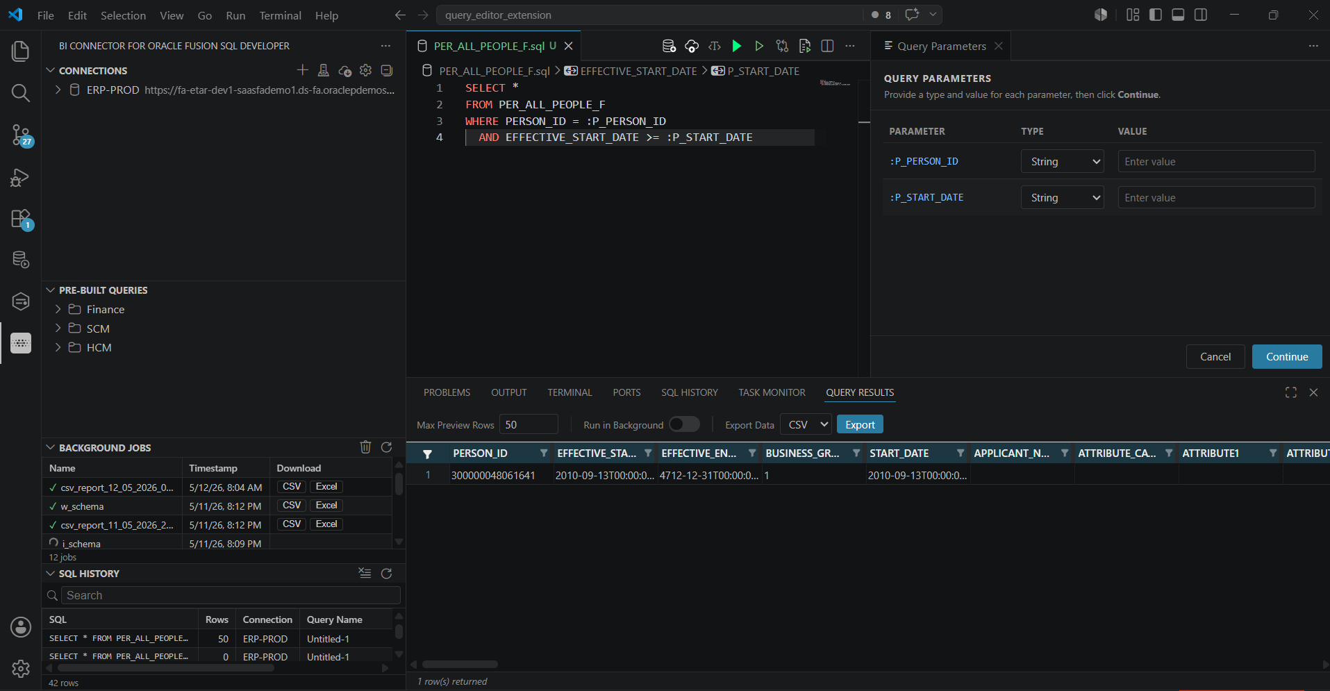 Running a parameterized query in the BI Connector editor
