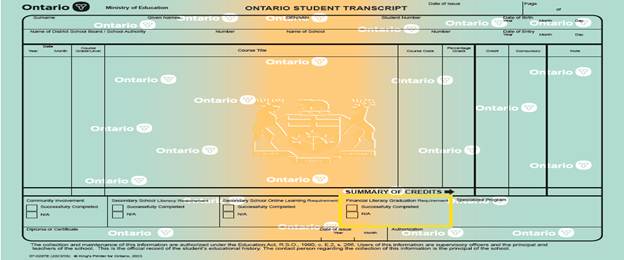 The image is an Ontario Student Transcript form with fields for student information, course details, and educational achievements.
AI-generated content may be incorrect.