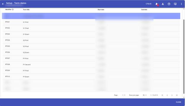 The image displays a table or list with columns for terms, identifiers, and various dates, with options to navigate through pages of data.
AI-generated content may be incorrect.