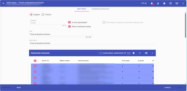 The image is a screenshot of an interface showing a section of an examination or evaluation report, including options to select schools, grades, and languages, and various controls for marking and saving.
AI-generated content may be incorrect.