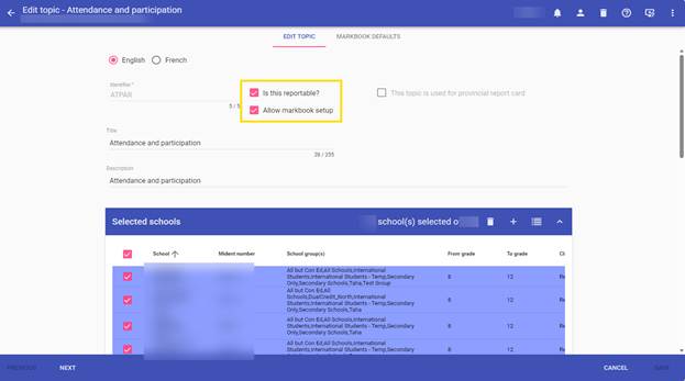 The image is a user interface for a software dashboard, displaying a form for setting up attendance and participation report parameters for various schools, languages, and student groups.
AI-generated content may be incorrect.