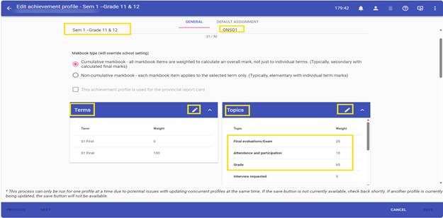 The image shows a user interface displaying an achievement profile for Semester 1 Grade 11 & 12, with various fields for terms, topics, weights, and grades, and options for final evaluations, attendance, and interviews.
AI-generated content may be incorrect.