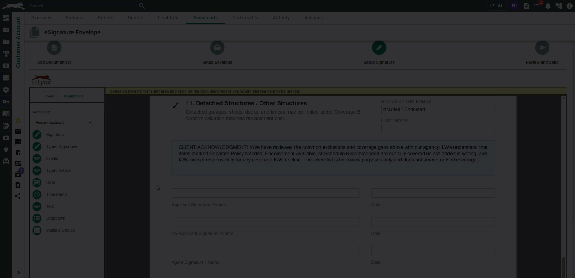 Animated demo of the eSignature Setup Signature screen in EZLynx. A recipient is selected from the dropdown, a field type (like Signature) is clicked from the left panel, then clicked again on the document to place it. The field is then dragged to reposition it, resized using a corner handle, and opened via an Edit option for further customization.