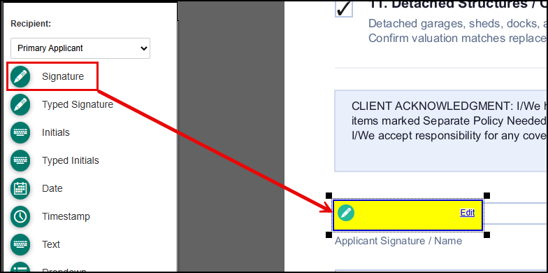 Diagram showing the Signature field selected from the left panel, with an arrow pointing to where it lands as a highlighted, resizable field on the document, next to an Edit link.