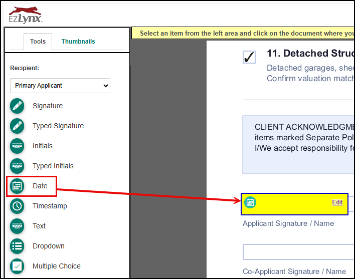 Diagram showing the Date field selected from the left panel, with an arrow pointing to where it lands as a highlighted, resizable field on the document, next to an Edit link.