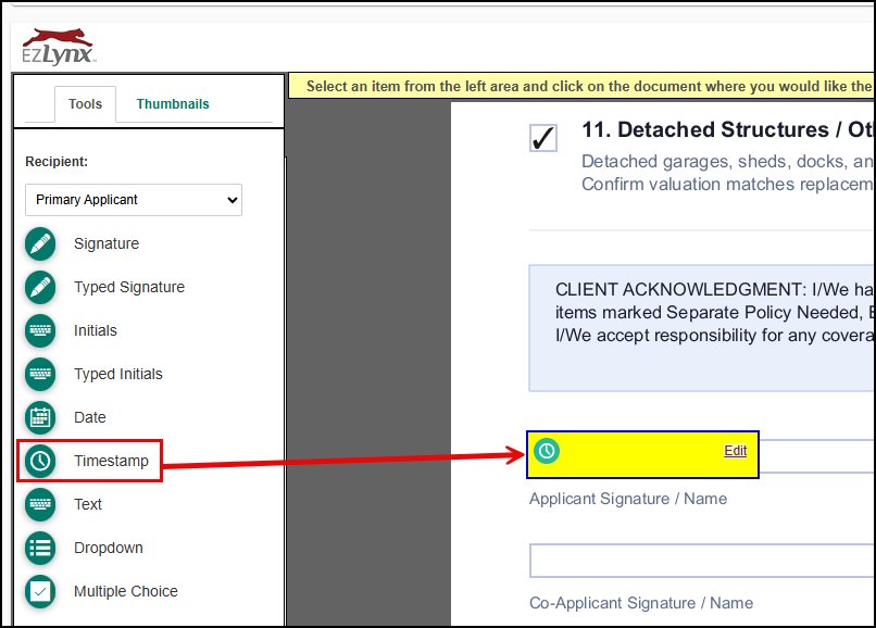 Diagram showing the Timestamp field selected from the left panel, with an arrow pointing to where it lands as a highlighted field on the document, next to an Edit link.
