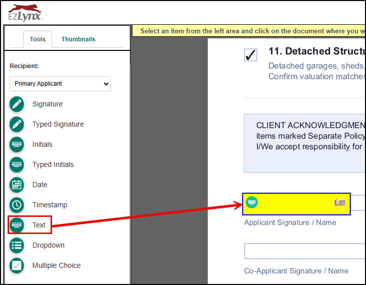 Diagram showing the Text field selected from the left panel, with an arrow pointing to where it lands as a highlighted, resizable field on the document, next to an Edit link.