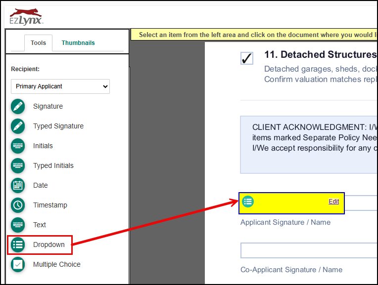 Diagram showing the Dropdown field selected from the left panel, with an arrow pointing to where it lands as a highlighted, resizable field on the document, next to an Edit link.