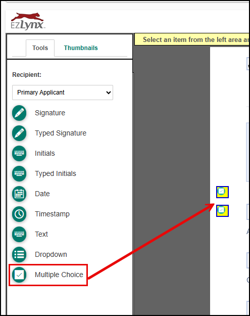 Diagram showing the Multiple Choice field selected from the left panel, with an arrow pointing to two checkbox-style fields placed on the document.