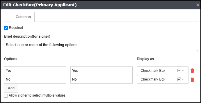 Edit CheckBox (Primary Applicant) window with Required checked by default, a Brief Description field, an Options list with Yes/No set to display as Checkmark Box, and an unchecked "Allow signer to select multiple values" option.