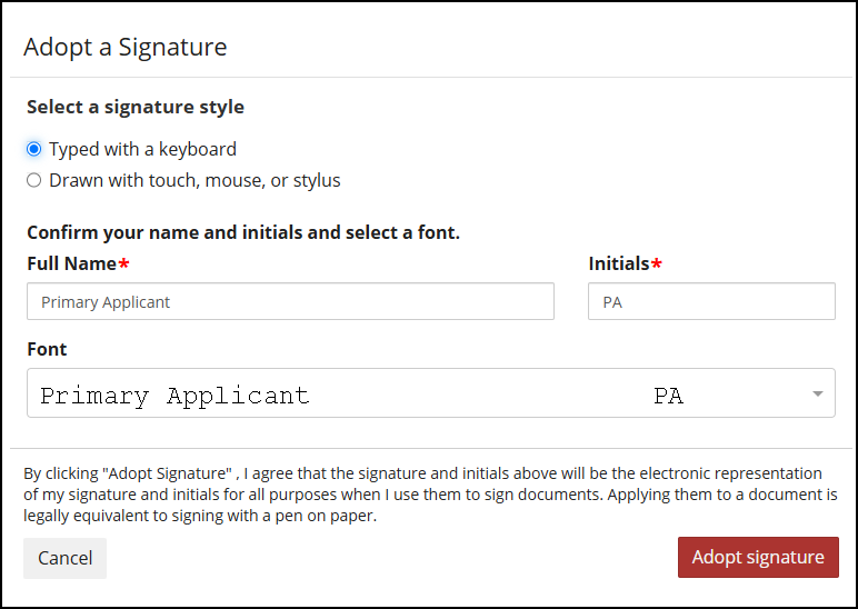 Adopt a Signature window with "Typed with a keyboard" selected as the signature style, name and initials fields filled in, a font selector, and an Adopt signature button.