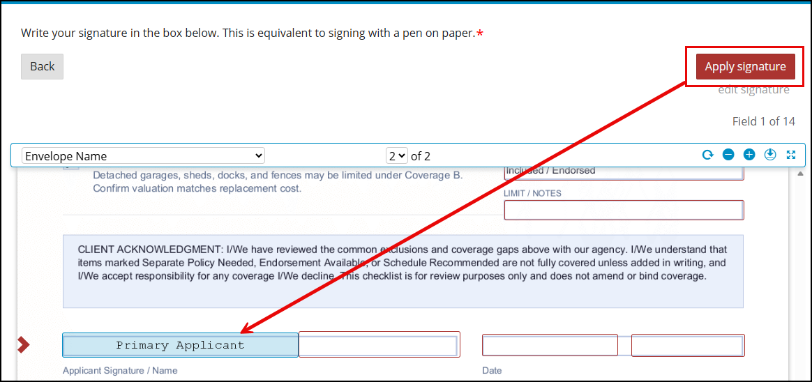 Document view with an arrow pointing from the Apply signature button to where the typed signature now appears filled into the Applicant Signature / Name field.