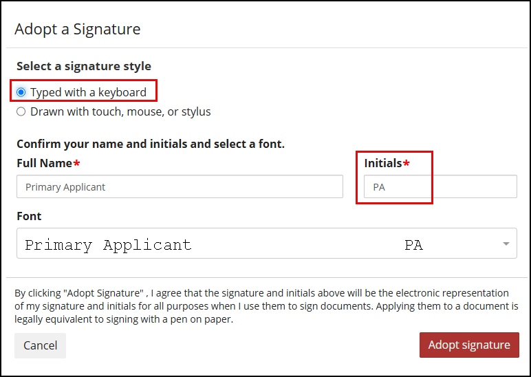 Adopt a Signature window with "Typed with a keyboard" and the Initials field both highlighted, showing "PA" entered as the recipient's initials.