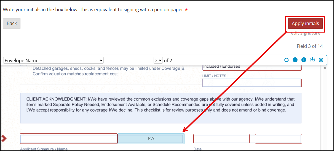 Document view with an arrow pointing from the Apply initials button to the completed initials field, now showing "PA" filled in.