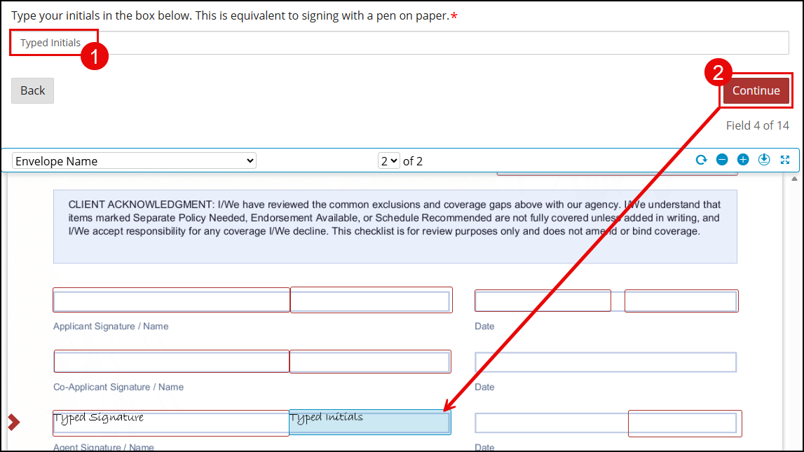Numbered diagram: (1) the Typed Initials input box where the recipient types their initials, and (2) the Continue button, with an arrow showing the typed initials now filled into the field next to the Agent's Typed Signature.