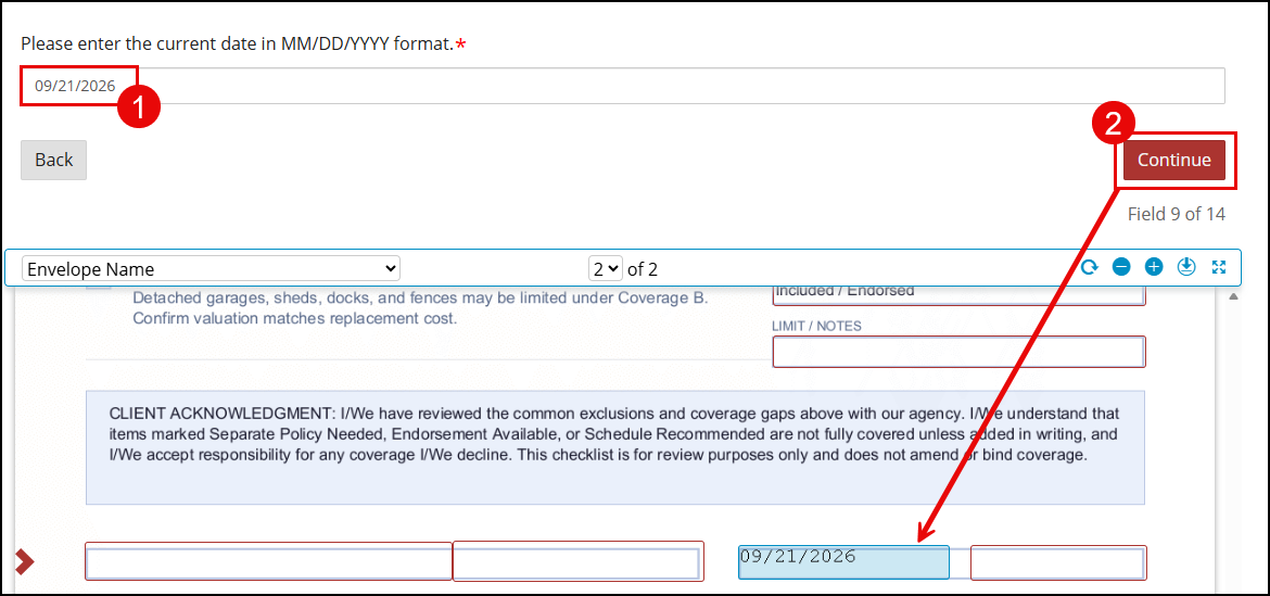 Numbered diagram: (1) the Date input box with "09/21/2026" entered in MM/DD/YYYY format, and (2) the Continue button, with an arrow showing the date now filled into the Date field on the document.